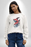Kırmızı Japon Balığı  Kadın Erkek  Beyaz Baskılı Sweatshirt 