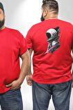 Astronot Kafası  Büyük Beden Kırmızı Tişört Kadın Erkek Ünisex Sırt Baskılı