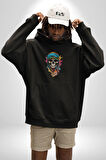 Bandaba Renkli Kurukafa Kadın Erkek  Siyah Kapüşonlu Sweatshirt Hoodie