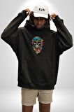Bandaba Renkli Kurukafa Kadın Erkek  Siyah Kapüşonlu Sweatshirt Hoodie