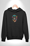 Bandaba Renkli Kurukafa Kadın Erkek  Siyah Kapüşonlu Sweatshirt Hoodie