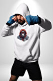 Kırmızı Gözlük Çeket Maymun Kadın Erkek  Beyaz Kapüşonlu Sweatshirt Hoodie