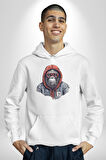 Kırmızı Gözlük Çeket Maymun Kadın Erkek  Beyaz Kapüşonlu Sweatshirt Hoodie