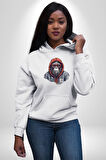 Kırmızı Gözlük Çeket Maymun Kadın Erkek  Beyaz Kapüşonlu Sweatshirt Hoodie