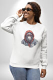 Kırmızı Gözlük Çeket Maymun Kadın Erkek  Beyaz Baskılı Sweatshirt 