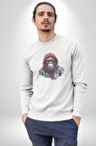 Kırmızı Gözlük Çeket Maymun Kadın Erkek  Beyaz Baskılı Sweatshirt 
