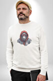 Kırmızı Gözlük Çeket Maymun Kadın Erkek  Beyaz Baskılı Sweatshirt 
