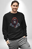 Kırmızı Gözlük Çeket Maymun Kadın Erkek  Siyah Baskılı Sweatshirt 