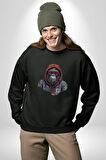 Kırmızı Gözlük Çeket Maymun Kadın Erkek  Siyah Baskılı Sweatshirt 