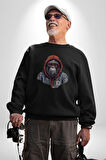 Kırmızı Gözlük Çeket Maymun Kadın Erkek  Siyah Baskılı Sweatshirt 