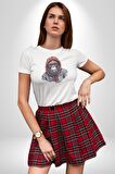Kırmızı Gözlük Çeket Maymun Kadın Erkek Unisex Beyaz Organik Baskılı T-Shirt Penye Yüksek Kalite