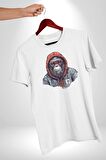 Kırmızı Gözlük Çeket Maymun Kadın Erkek Unisex Beyaz Organik Baskılı T-Shirt Penye Yüksek Kalite