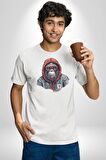 Kırmızı Gözlük Çeket Maymun Kadın Erkek Unisex Beyaz Organik Baskılı T-Shirt Penye Yüksek Kalite
