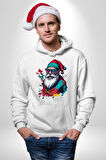 Renkli Noel Baba Yeni Nesil Gözlüklü Kadın Erkek  Beyaz Kapüşonlu Sweatshirt Hoodie