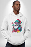 Renkli Noel Baba Yeni Nesil Gözlüklü Kadın Erkek  Beyaz Kapüşonlu Sweatshirt Hoodie