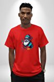 Renkli Noel Baba Yeni Nesil Gözlüklü Pamuklu Bisiklet Yaka Kadın Erkek Oversize Boyfriend Dijital Baskılı Kırmızı T-Shirt