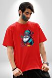 Renkli Noel Baba Yeni Nesil Gözlüklü Pamuklu Bisiklet Yaka Kadın Erkek Oversize Boyfriend Dijital Baskılı Kırmızı T-Shirt