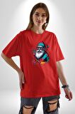 Renkli Noel Baba Yeni Nesil Gözlüklü Pamuklu Bisiklet Yaka Kadın Erkek Oversize Boyfriend Dijital Baskılı Kırmızı T-Shirt