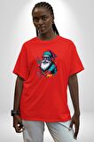 Renkli Noel Baba Yeni Nesil Gözlüklü Pamuklu Bisiklet Yaka Kadın Erkek Oversize Boyfriend Dijital Baskılı Kırmızı T-Shirt