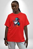 Renkli Noel Baba Yeni Nesil Gözlüklü Pamuklu Bisiklet Yaka Kadın Erkek Oversize Boyfriend Dijital Baskılı Kırmızı T-Shirt