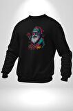 Renkli Noel Baba Yeni Nesil Gözlüklü Kadın Erkek  Siyah Baskılı Sweatshirt 