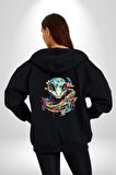 Yapay Zeka Sanal Yılan  Kadın Erkek Siyah Renk Kapüşonlu Kanguru Cepli  Fermuarlı Pamuklu Oversize Dijital Baskılı Hırka Sweatshirt