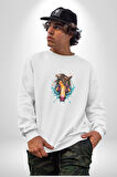 At Kafası Renkli Kadın Erkek  Beyaz Baskılı Sweatshirt 