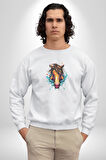 At Kafası Renkli Kadın Erkek  Beyaz Baskılı Sweatshirt 