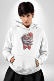 Kırmızı Gözlük Papyon Dinazor  Kadın Erkek  Beyaz Kapüşonlu Sweatshirt Hoodie