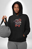 Kırmızı Gözlük Papyon Dinazor  Kadın Erkek  Siyah Kapüşonlu Sweatshirt Hoodie