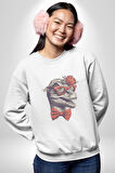 Kırmızı Gözlük Papyon Dinazor  Kadın Erkek  Beyaz Baskılı Sweatshirt 