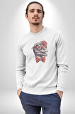 Kırmızı Gözlük Papyon Dinazor  Kadın Erkek  Beyaz Baskılı Sweatshirt 