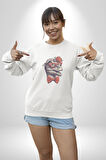 Kırmızı Gözlük Papyon Dinazor  Kadın Erkek  Beyaz Baskılı Sweatshirt 