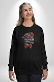 Kırmızı Gözlük Papyon Dinazor  Kadın Erkek  Siyah Baskılı Sweatshirt 