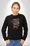 Kırmızı Gözlük Papyon Dinazor  Kadın Erkek  Siyah Baskılı Sweatshirt 