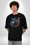 Kulaklık Kedi Müzik Tekir  Pamuklu Bisiklet Yaka Kadın Erkek Oversize Boyfriend Dijital Baskılı Siyah T-shirt