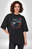 Kulaklık Kedi Müzik Tekir  Pamuklu Bisiklet Yaka Kadın Erkek Oversize Boyfriend Dijital Baskılı Siyah T-shirt