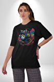 Kulaklık Kedi Müzik Tekir  Pamuklu Bisiklet Yaka Kadın Erkek Oversize Boyfriend Dijital Baskılı Siyah T-shirt