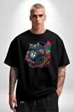 Kulaklık Kedi Müzik Tekir  Pamuklu Bisiklet Yaka Kadın Erkek Oversize Boyfriend Dijital Baskılı Siyah T-shirt