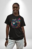 Kulaklık Kedi Müzik Tekir  Pamuklu Bisiklet Yaka Kadın Erkek Oversize Boyfriend Dijital Baskılı Siyah T-shirt