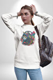 Kulaklık Kedi Müzik Tekir  Kadın Erkek  Beyaz Baskılı Sweatshirt 