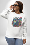 Kulaklık Kedi Müzik Tekir  Kadın Erkek  Beyaz Baskılı Sweatshirt 