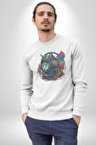 Kulaklık Kedi Müzik Tekir  Kadın Erkek  Beyaz Baskılı Sweatshirt 