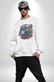 Kulaklık Kedi Müzik Tekir  Kadın Erkek  Beyaz Baskılı Sweatshirt 