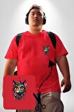 Meksikalı Alebrije Kedi Fütüristik Kedi  Kırmızı Büyük Beden Kadın Basic Minimal Baskılı Tişört