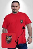 Meksikalı Alebrije Kedi Fütüristik Kedi  Kırmızı Büyük Beden Kadın Basic Minimal Baskılı Tişört