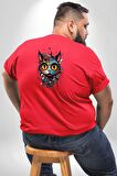 Meksikalı Alebrije Kedi Fütüristik Kedi  Büyük Beden Kırmızı Tişört Kadın Erkek Ünisex Sırt Baskılı
