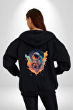 Bulutlar Astronot Uzay  Kadın Erkek Siyah Renk Kapüşonlu Kanguru Cepli  Fermuarlı Pamuklu Oversize Dijital Baskılı Hırka Sweatshirt