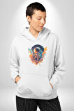 Bulutlar Astronot Uzay  Kadın Erkek  Beyaz Kapüşonlu Sweatshirt Hoodie