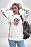 Bulutlar Astronot Uzay  Kadın Erkek  Beyaz Baskılı Sweatshirt 